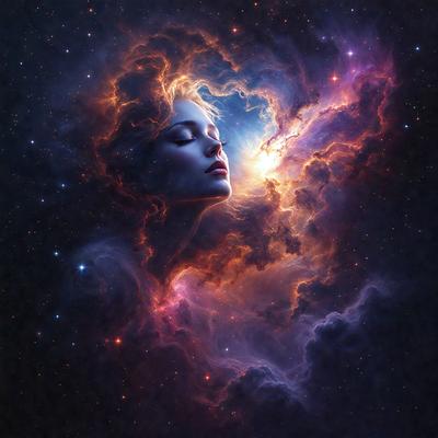 The primary subject of the image is a woman with a ponytail, who is looking up at the sky. She is surrounded by a vibrant and colorful background, which includes a mix of stars, nebula, and other celestial elements. The visual style of the image is a combination of digital art and illustration, creating a surreal and dreamy atmosphere. The colors and mood of the image are predominantly warm and inviting, with the woman's gaze and the celestial backdrop